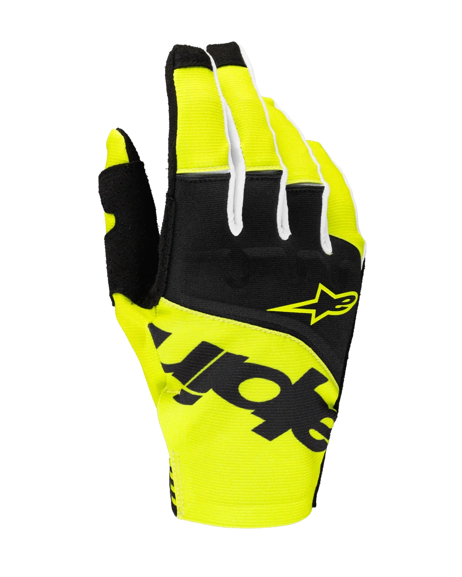 Alpinestars 2025 Techstar Gloves, Motocross Racing Gloves, Black and Yellow Fluo, featuring yellow star logo and bold black branding, textile construction with micro ripstop for off-road performance