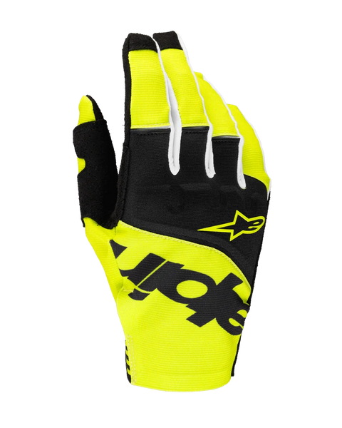 Alpinestars 2025 Techstar Gloves, Motocross Racing Gloves, Black and Yellow Fluo, featuring yellow star logo and bold black branding, textile construction with micro ripstop for off-road performance