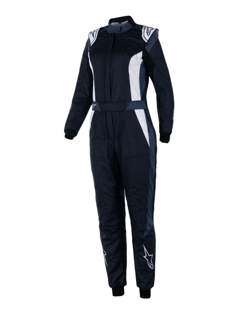 Alpinestars Stella GP Pro Comp V2 Suit, Women's FIA Racing Suit, Black Asphalt and White, long sleeves with high collar, white logos on shoulders and shins, adjustable waist belt, elastic cuffs, aerodynamic design for professional motorsport racing