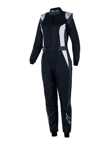 Alpinestars Stella GP Pro Comp V2 Suit, Women's FIA Racing Suit, Black Asphalt and White, long sleeves with high collar, white logos on shoulders and shins, adjustable waist belt, elastic cuffs, aerodynamic design for professional motorsport racing