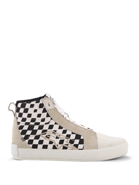 Alpinestars Ride-63 Canvas Shoes, High-Top Urban Motorcycle Sneakers, White and Black Checkered Side Panels, Beige Suede Overlays, White Vulcanized Sole, Casual Motorsport-Inspired Footwear