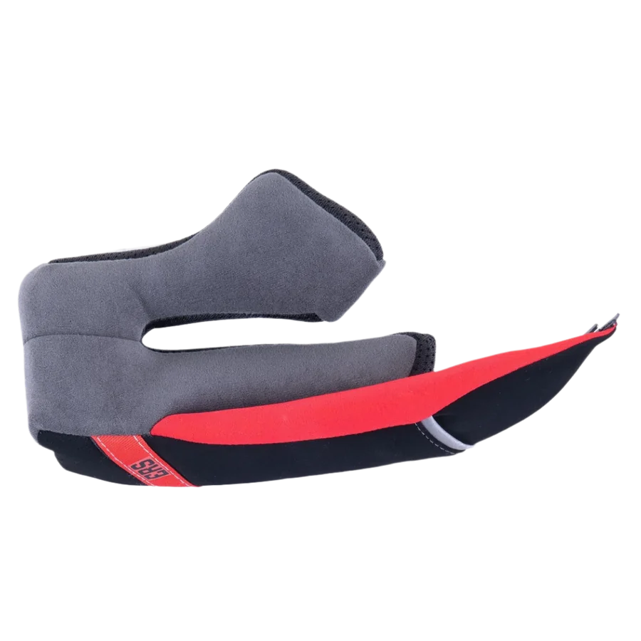 Alpinestars Supertech R10 Regular Cheek Pad, right side motorcycle helmet replacement part, Gray soft-touch padding with black and red accents, featuring a red ERS Emergency Release System pull tab.