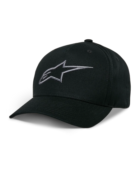Alpinestars Ageless Snapback Hat, Black Baseball Cap with Charcoal Embroidered Star Logo, Curved Bill, Structured Crown, Casual Motorsport Headwear