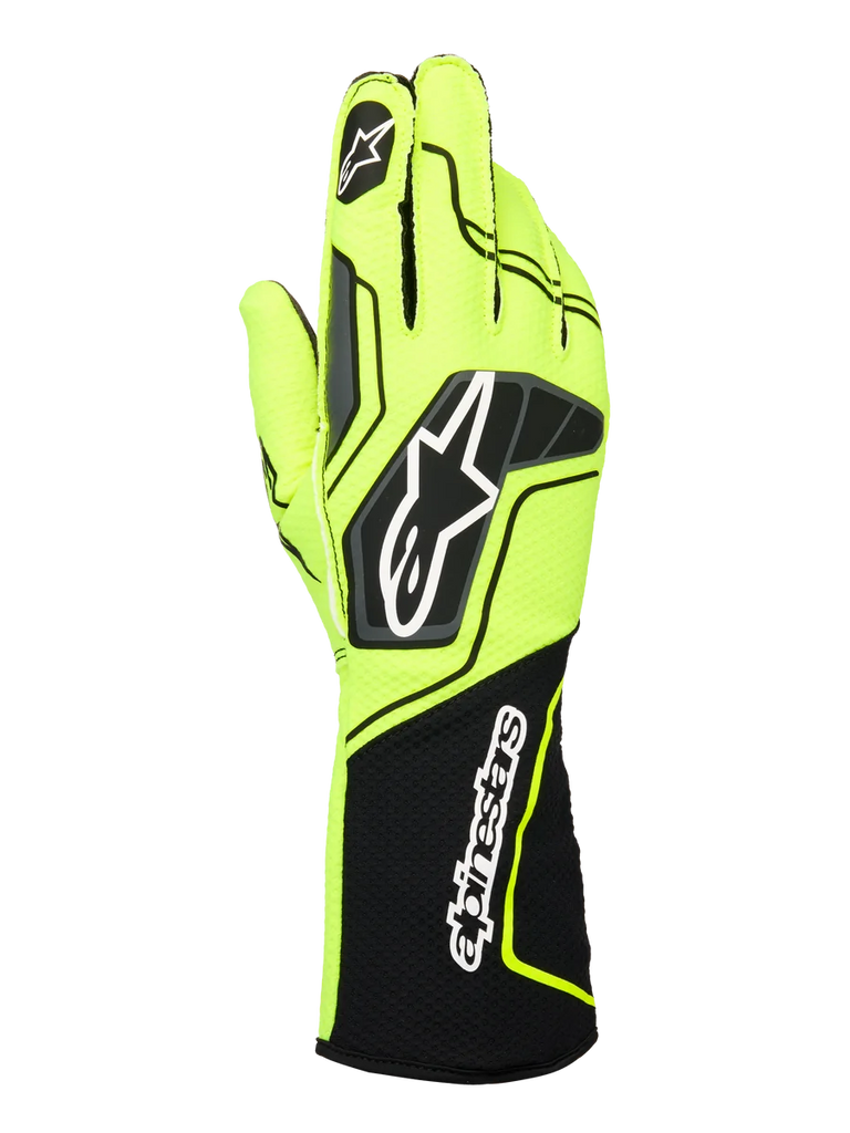 Alpinestars Tech-1 KX V4 Gloves, Karting Racing Gloves, Yellow Fluo and Black, back view featuring a breathable dual-layer mesh construction, prominent Astar logo on the hand, and Alpinestars wordmark on the extended ribbed cuff, ergonomic performance design.