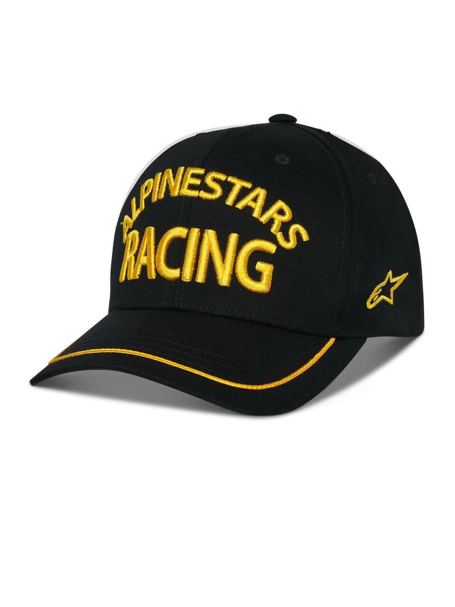 Alpinestars Luminary Hat, Black Baseball Cap, Yellow ALPINESTARS RACING 3D Embroidery, Curved Brim with Yellow Trim, Side Star Logo, Casual Motorsport Streetwear