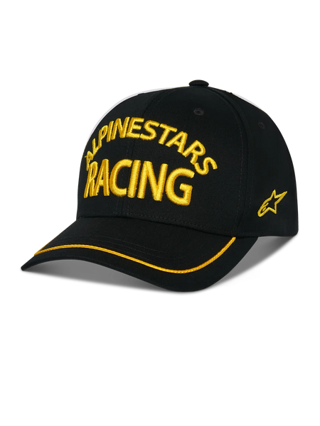 Alpinestars Luminary Hat, Black Baseball Cap, Yellow ALPINESTARS RACING 3D Embroidery, Curved Brim with Yellow Trim, Side Star Logo, Casual Motorsport Streetwear