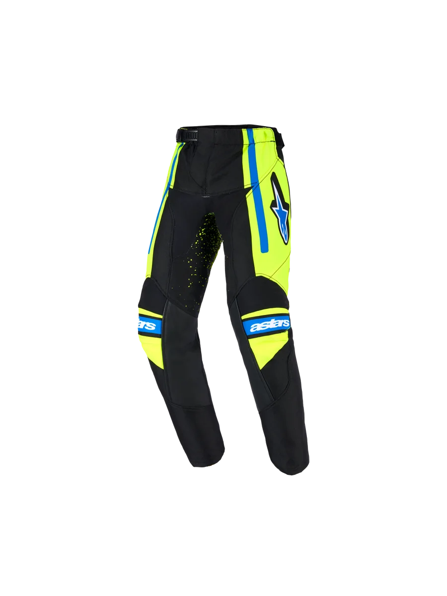 Alpinestars 2026 Kids Racer Nomur Pants, Youth Motocross Pants, Dark Navy with Yellow Fluo and UCLA Blue accents, featuring star logo on the thigh, 'astars' branding on the knees, and ergonomic pre-curved design for off-road racing