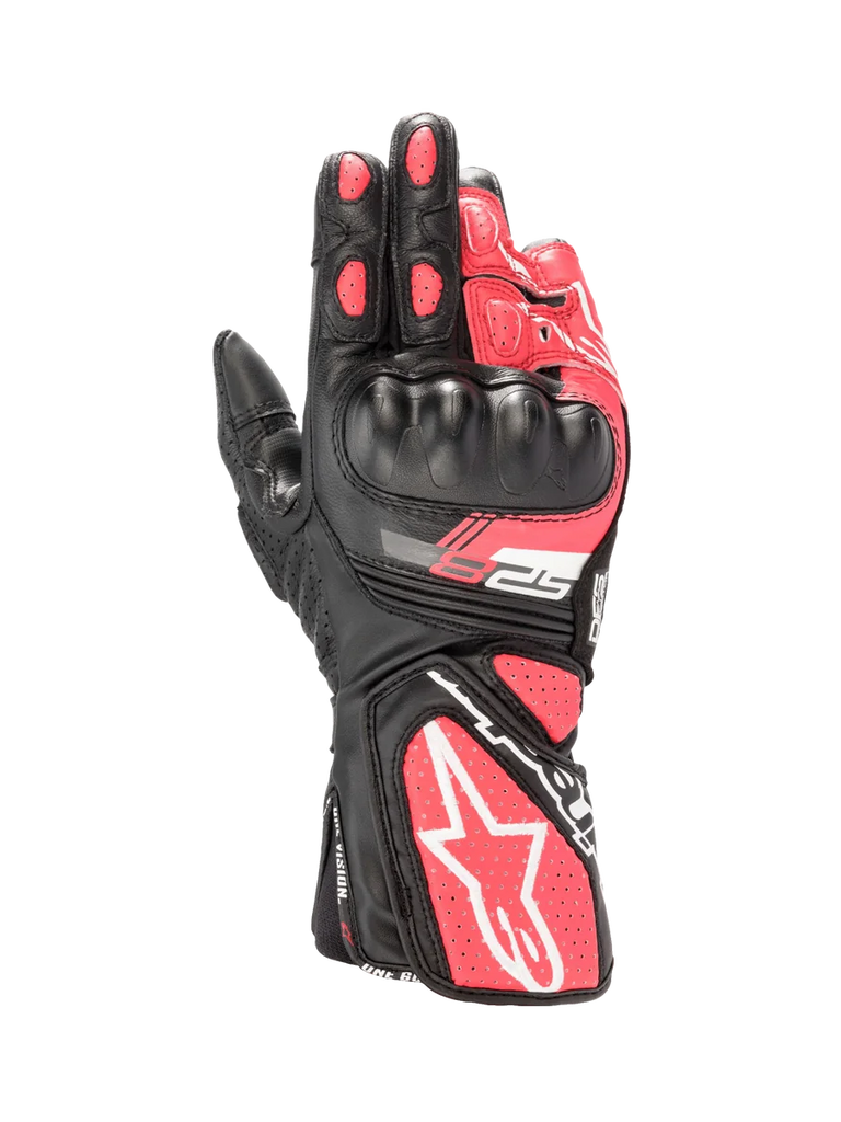 Alpinestars Stella SP-8 V3 Women's Motorcycle Gloves, Black and Diva Pink leather with hard knuckle protection and white accents.