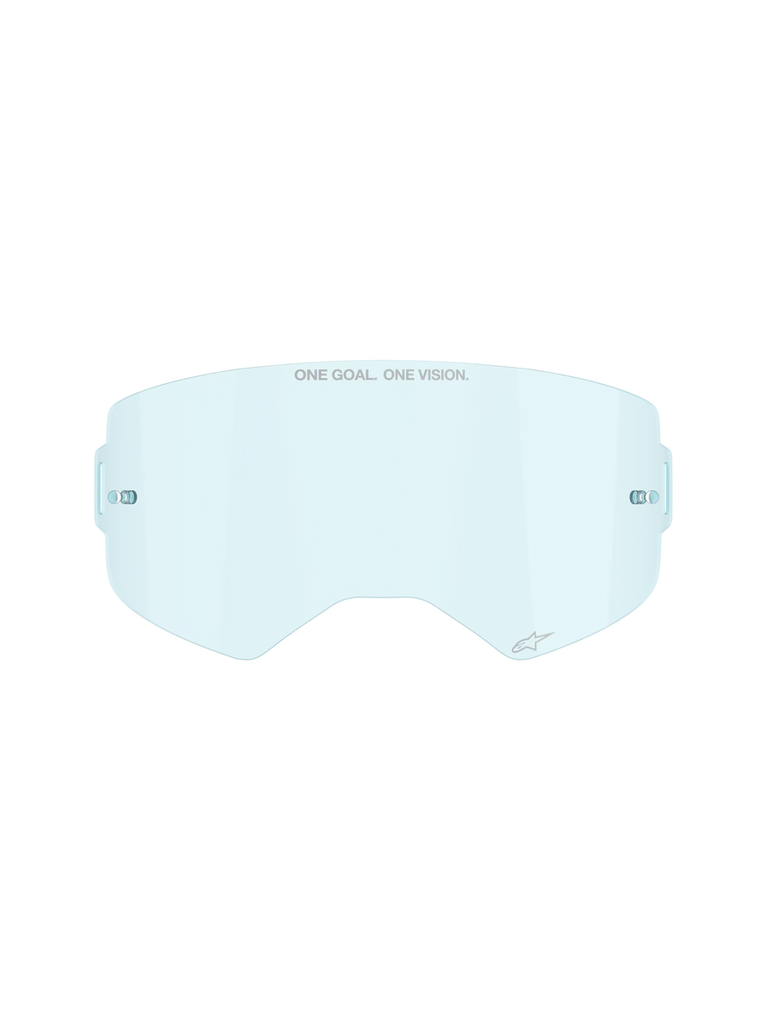 Alpinestars Supertech Clear Lens in Clear Blue, replacement lens for motocross goggles, featuring ONE GOAL ONE VISION branding and integrated tear-off posts, curved impact-resistant polycarbonate design