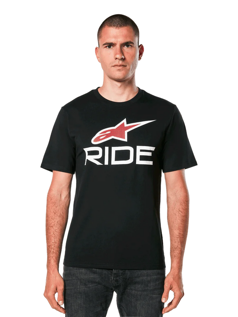 Alpinestars Ride 4.0 CSF Tee, Black Short Sleeve T-Shirt with Red Star Logo and White RIDE Text Graphic, Men's Casual Motorsport Apparel
