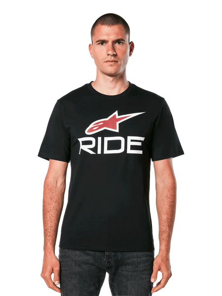 Alpinestars Ride 4.0 CSF Tee, Black Short Sleeve T-Shirt with Red Star Logo and White RIDE Text Graphic, Men's Casual Motorsport Apparel