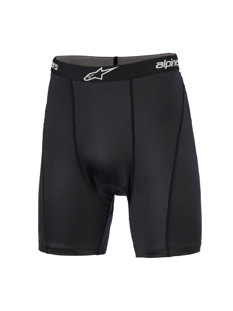 Alpinestars MX Boxer Padded, Motocross Base Layer, Black, compression shorts featuring a branded elastic waistband with white logo, vertical flat-profile stitching, and smooth-knit stretch fabric designed for off-road riding comfort