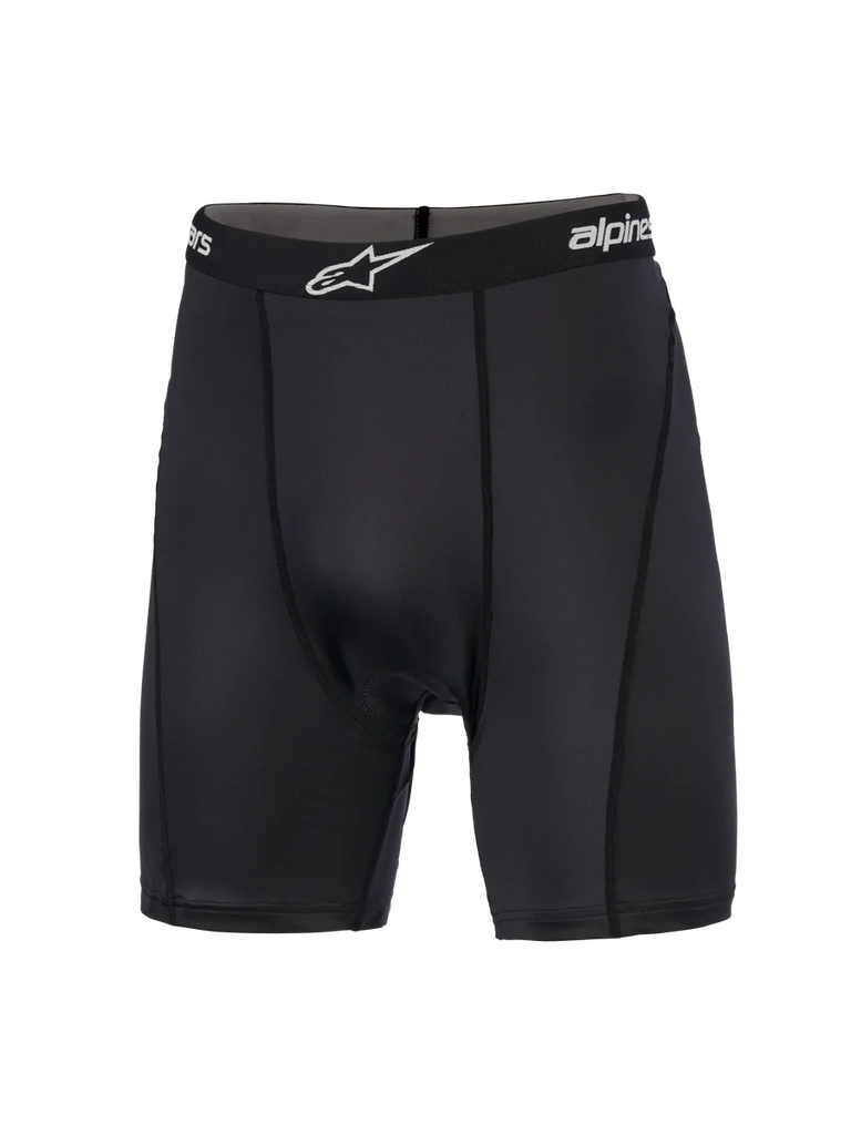 Alpinestars MX Boxer Padded, Motocross Base Layer, Black, compression shorts featuring a branded elastic waistband with white logo, vertical flat-profile stitching, and smooth-knit stretch fabric designed for off-road riding comfort