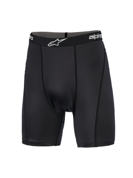Alpinestars MX Boxer Padded, Motocross Base Layer, Black, compression shorts featuring a branded elastic waistband with white logo, vertical flat-profile stitching, and smooth-knit stretch fabric designed for off-road riding comfort