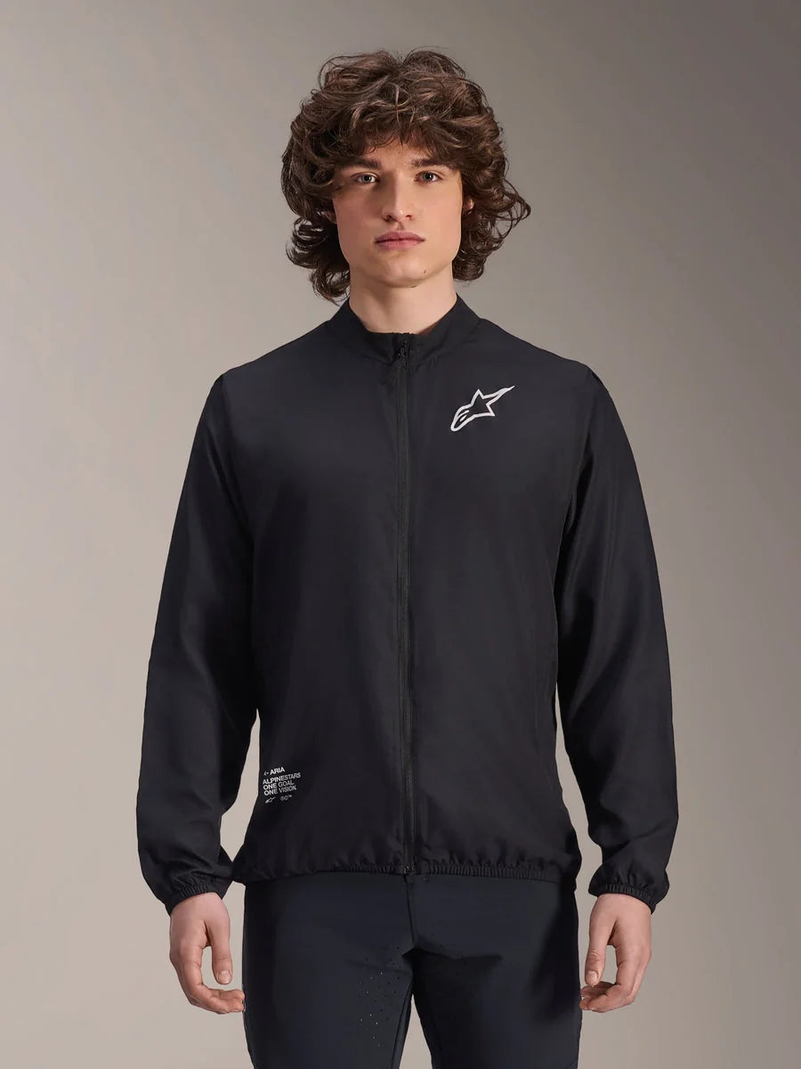 Alpinestars A-Aria Windbreaker Jacket, Black, Lightweight Cycling Jacket, featuring white Astars logo on chest and branding on lower right, full-zip front, mock neck, elastic cuffs and hem, performance fit for outdoor sports