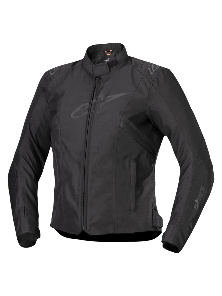 Alpinestars Stella T-SPS V2 Waterproof Jacket, Women's Motorcycle Jacket, Black, front zipper closure, low profile collar, subtle logos on chest and sleeves, durable textile fabric with a fitted sport silhouette, professional riding gear
