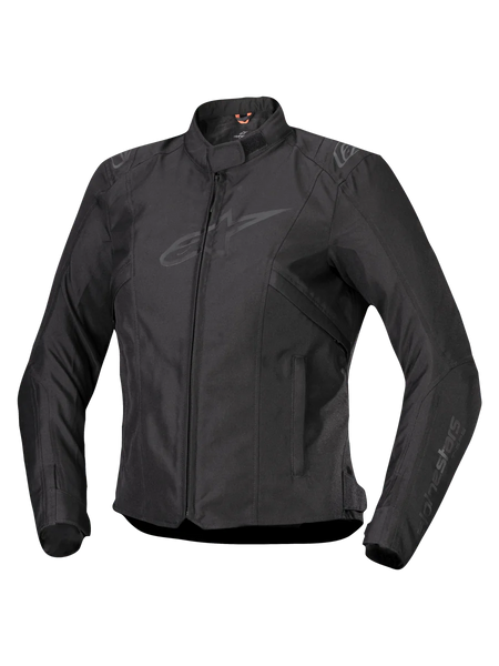 Alpinestars Stella T-SPS V2 Waterproof Jacket, Women's Motorcycle Jacket, Black, front zipper closure, low profile collar, subtle logos on chest and sleeves, durable textile fabric with a fitted sport silhouette, professional riding gear