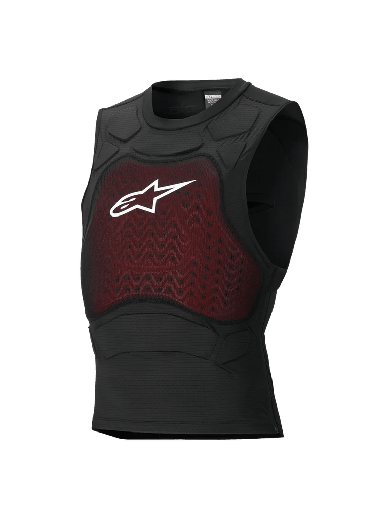 Alpinestars Bionic Plasma LT Protection Vest, Motorcycle Body Armor, Black and Red, Sleeveless Design with Mesh Chest Panel and White Astars Logo, Integrated Padding on Shoulders, Breathable Form-Fitting Construction