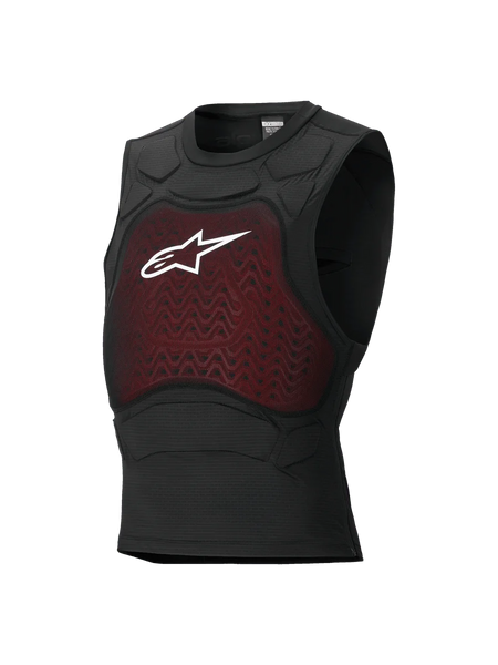 Alpinestars Bionic Plasma LT Protection Vest, Motorcycle Body Armor, Black and Red, Sleeveless Design with Mesh Chest Panel and White Astars Logo, Integrated Padding on Shoulders, Breathable Form-Fitting Construction