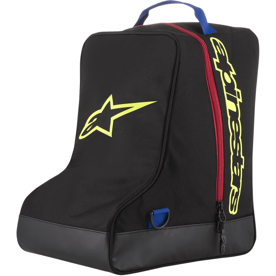 Alpinestars Boot Bag, Black and Yellow, Motocross Gear Storage Bag, Red zipper and Blue handle, featuring large Yellow star logo and Alpinestars branding, durable tarpaulin base, specialized luggage for off-road racing boots