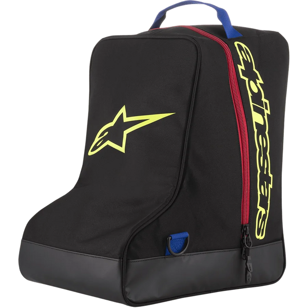 Alpinestars Boot Bag, Black and Yellow, Motocross Gear Storage Bag, Red zipper and Blue handle, featuring large Yellow star logo and Alpinestars branding, durable tarpaulin base, specialized luggage for off-road racing boots
