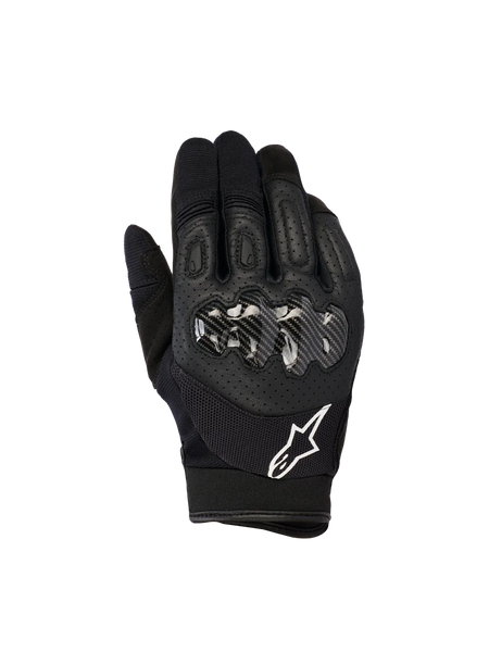 Alpinestars Megawatt V2 Gloves, Motocross and Enduro Gloves, Black, featuring a hard knuckle protector with carbon-look finish, perforated leather top hand for breathability, white Alpinestars logo on the cuff, durable off-road protection