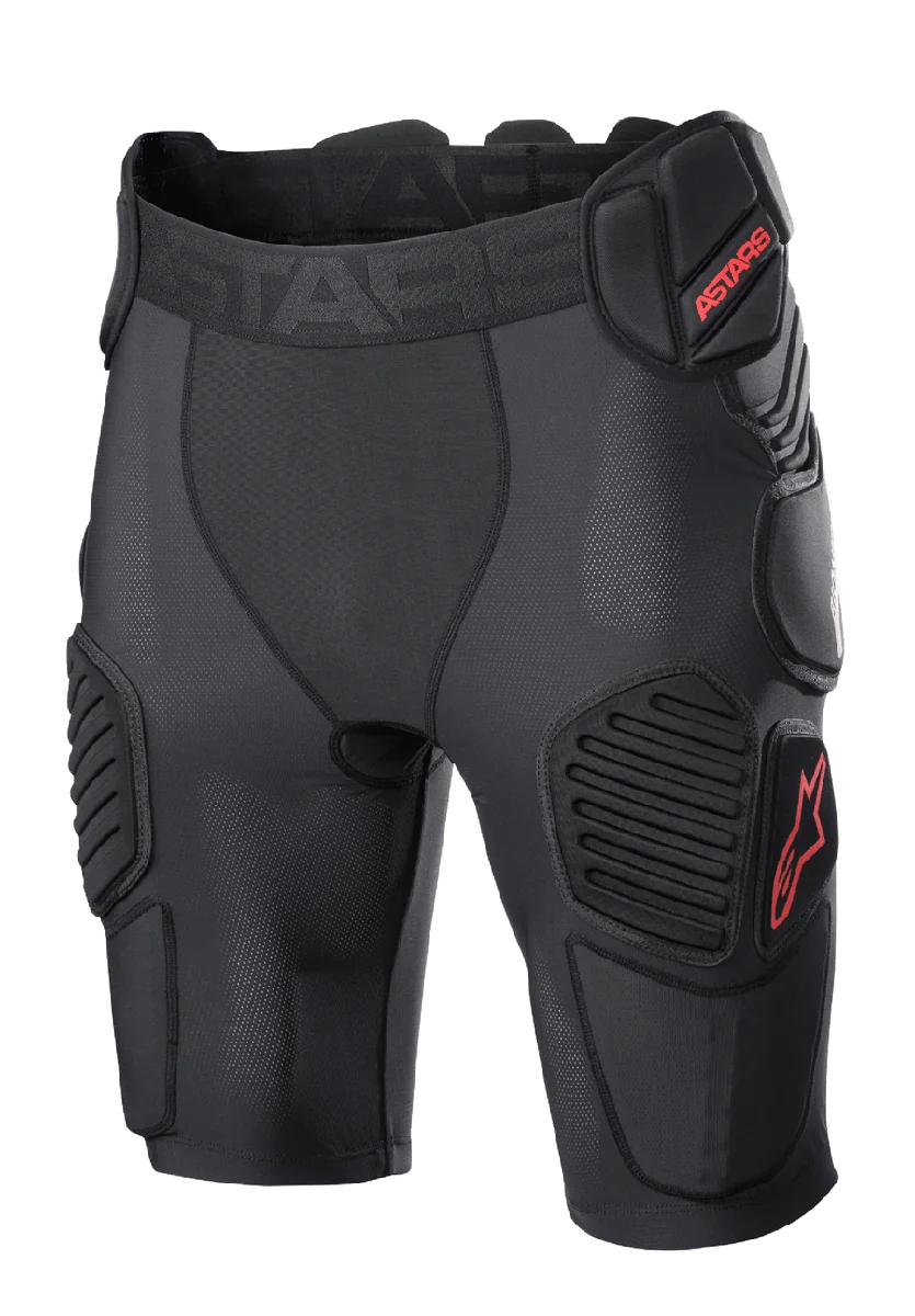 Alpinestars Bionic Pro Protection Shorts, Motocross Protective Shorts, Black and Red, featuring padded hip and thigh protection, breathable mesh sleeve, elastic waistband with red ASTARS logo, technical design for off-road impact protection