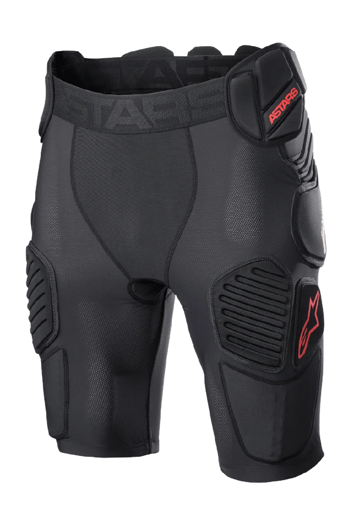 Alpinestars Bionic Pro Protection Shorts, Motocross Protective Shorts, Black and Red, featuring padded hip and thigh protection, breathable mesh sleeve, elastic waistband with red ASTARS logo, technical design for off-road impact protection