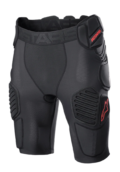 Alpinestars Bionic Pro Protection Shorts, Motocross Protective Shorts, Black and Red, featuring padded hip and thigh protection, breathable mesh sleeve, elastic waistband with red ASTARS logo, technical design for off-road impact protection