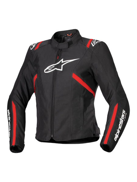Alpinestars Stella T-SPS V2 Waterproof Jacket, Women's Sport Motorcycle Jacket, Black with Red Stripes and White Logos, race-inspired fitted design, featuring a high collar and front zipper
