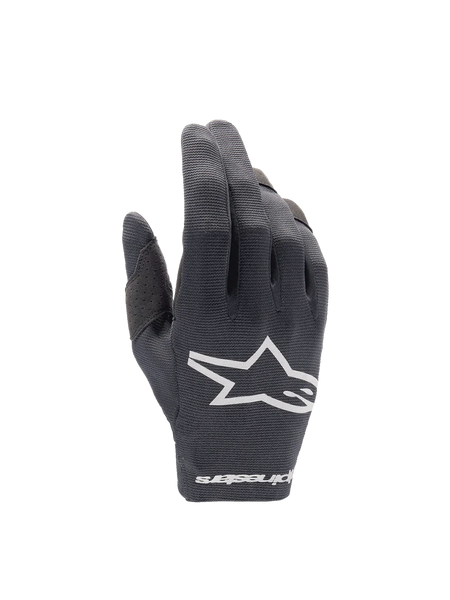 Alpinestars 2025 Radar Gloves, lightweight Men's Motocross gloves in Black and White with stretch textile backhand.