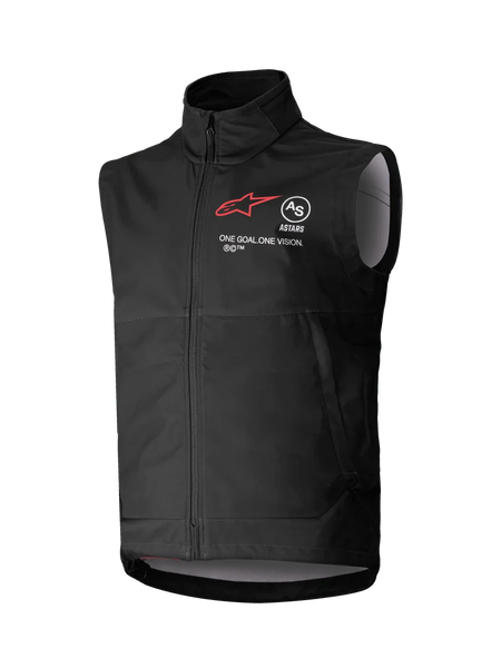 Alpinestars Techstar Softshell Vest, Black Sleeveless Motocross Vest, high collar with front zipper, featuring red star logo with "ASTARS" and "ONE GOAL. ONE VISION." chest branding, lightweight windproof softshell fabric with light gray interior lining, designed for off-road riding