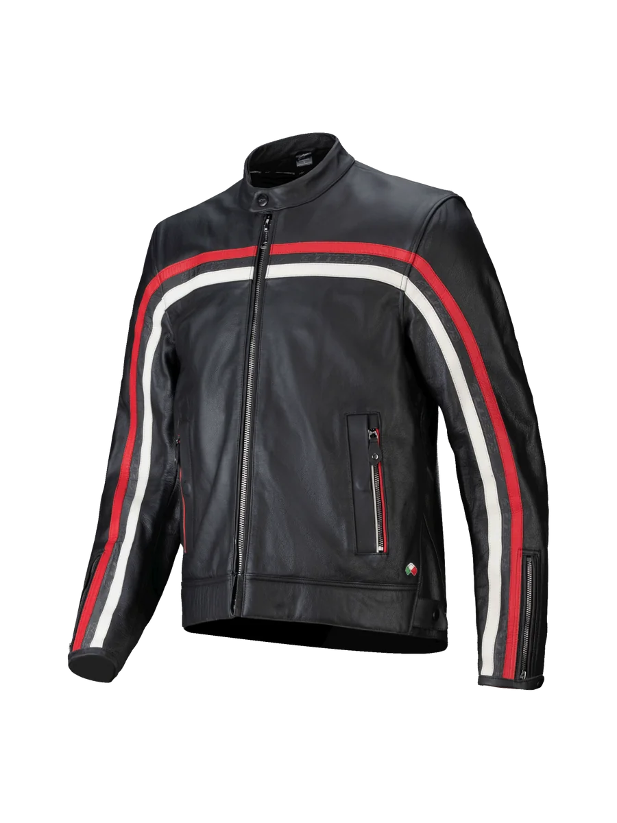 Alpinestars Dyno Leather Jacket, black bovine leather motorcycle jacket with red and ecru stripes, Tech-Air Ready.