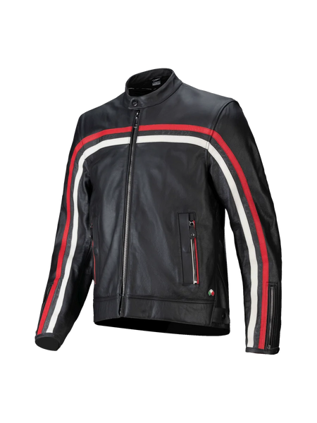 Alpinestars Dyno Leather Jacket, black bovine leather motorcycle jacket with red and ecru stripes, Tech-Air Ready.