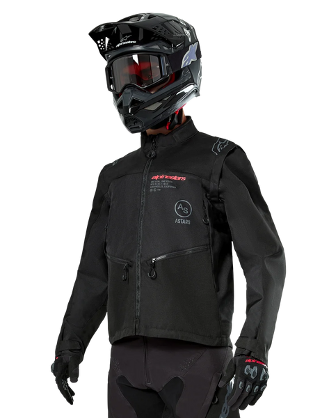 Alpinestars Pro-Dura Jacket, Off-Road Motorcycle Jacket, Black with red and grey branding, features zippered front pockets and high collar, worn with a black motocross helmet and gloves for enduro racing