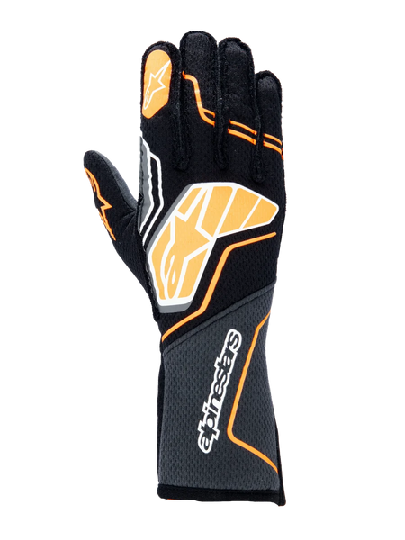 Alpinestars Tech-1 ZX V4 Gloves, Auto Racing Gloves, Black with Orange Fluo and White accents, featuring a large graphic logo on the back of the hand, honeycomb textured fabric on the cuff, sporty geometric design for professional racing