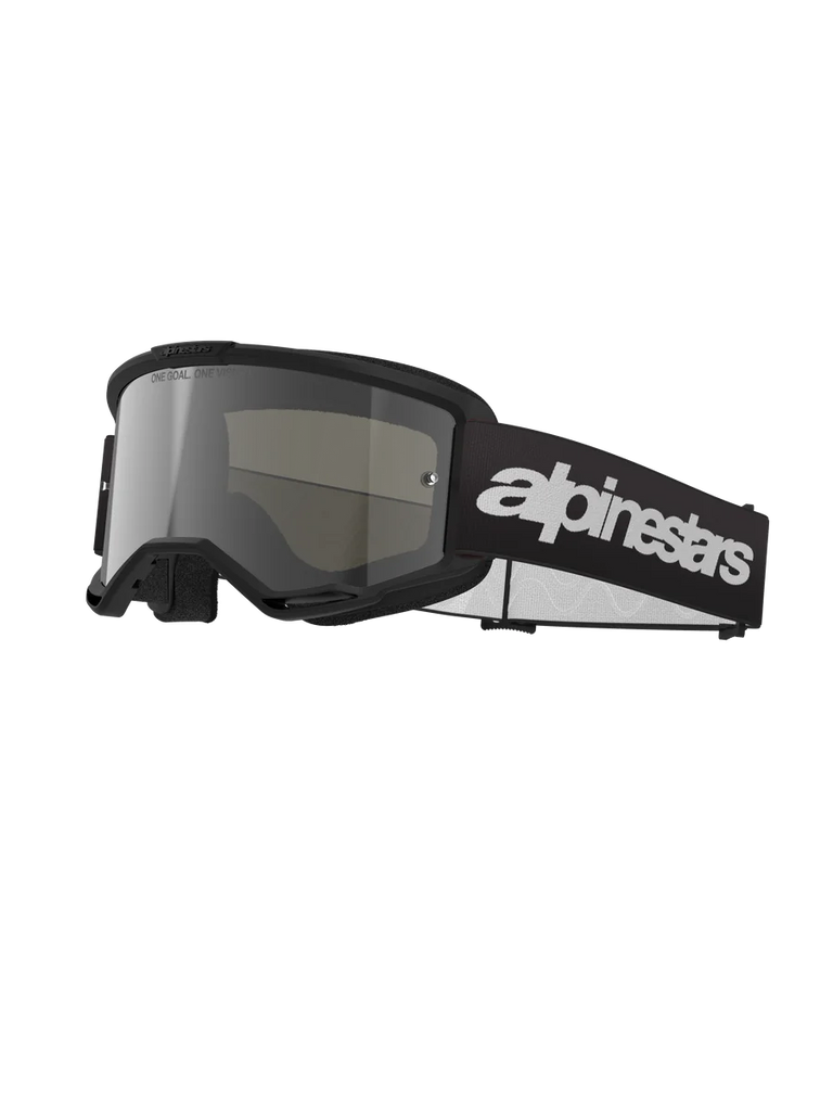 Alpinestars Vision 3 Wordmark Goggles, Motocross Goggles, Black and Mirror Silver, wide silver tinted lens, adjustable black strap with prominent white wordmark logo, foam-lined frame with ventilation ports, designed for off-road racing