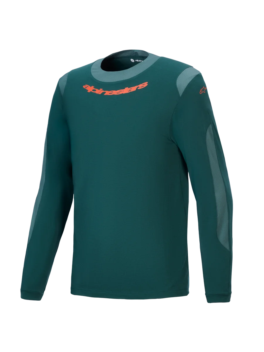 Alpinestars A-Dura Dri Wool Jersey - Long Sleeve, Dark Pine Green, Performance Mountain Bike Jersey with orange chest logo, light gray mesh panels, and round neck