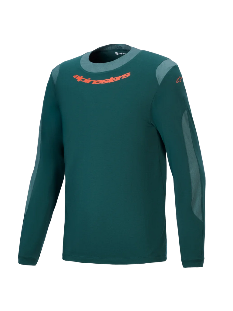 Alpinestars A-Dura Dri Wool Jersey - Long Sleeve, Dark Pine Green, Performance Mountain Bike Jersey with orange chest logo, light gray mesh panels, and round neck