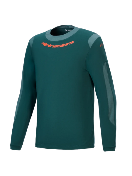 Alpinestars A-Dura Dri Wool Jersey - Long Sleeve, Dark Pine Green, Performance Mountain Bike Jersey with orange chest logo, light gray mesh panels, and round neck