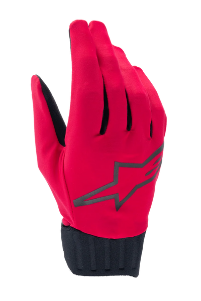 Alpinestars Stella A-Dura Rain Gloves, Women's MTB Rain Gloves, Red Fluo and Black, featuring a large black star logo, ribbed neoprene cuff, and waterproof design for mountain biking