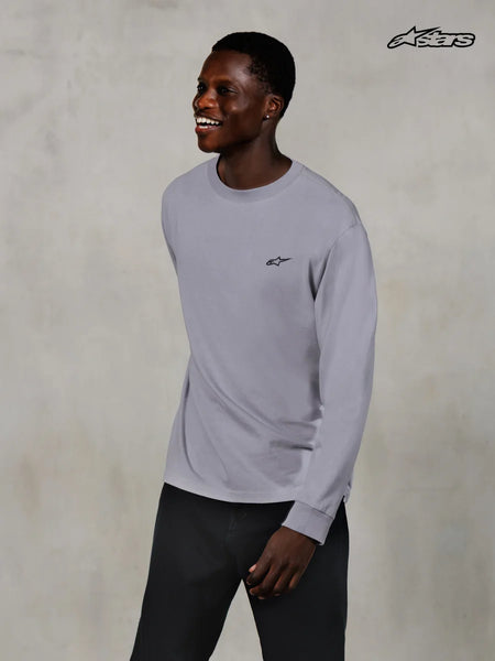 Alpinestars Essentials Ageless Long-Sleeve T-Shirt, casual long-sleeve tee, silver, worn by a model, 100% organic cotton jersey