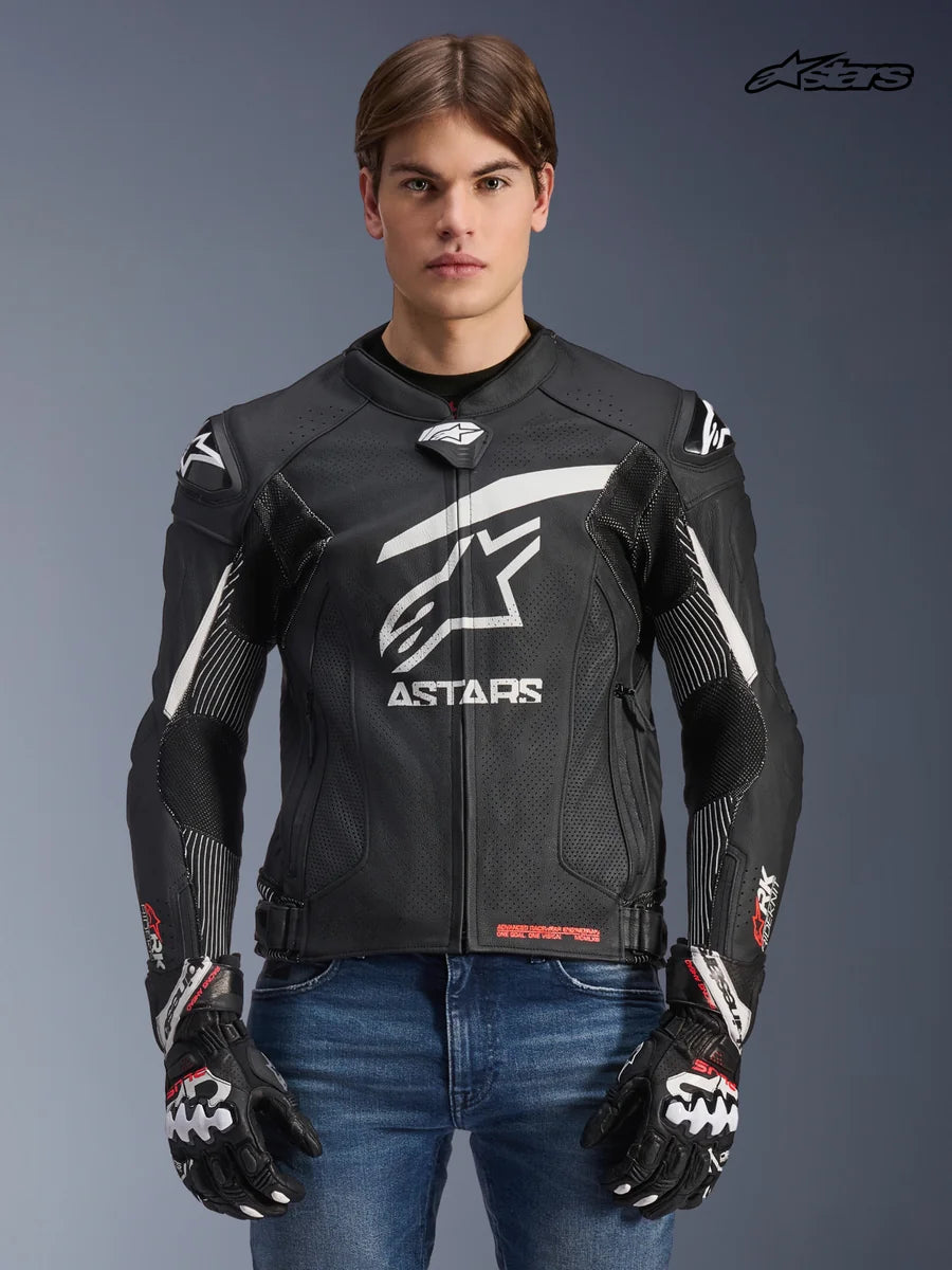 Alpinestars GP Plus R V4 Rideknit Leather Jacket, men's racing motorcycle jacket in black and white, front view on a model wearing matching gloves and jeans, race-derived protection and engineered stretch panels.