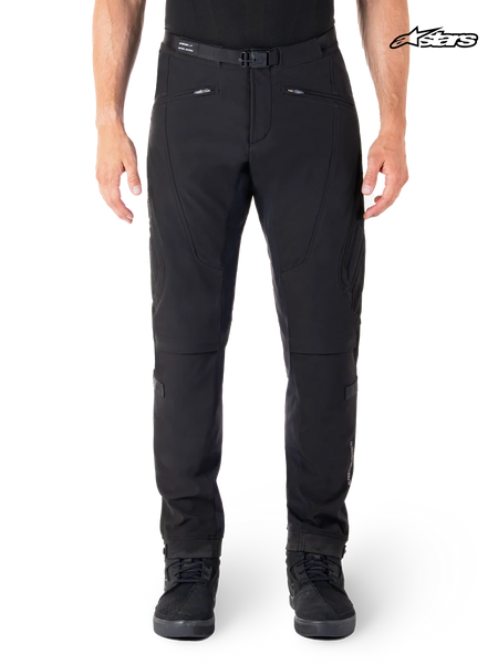 Alpinestars Alden Pants, men's urban contemporary motorcycle textile pants, Black, worn by a model, featuring stretch softshell construction and CE certified protection