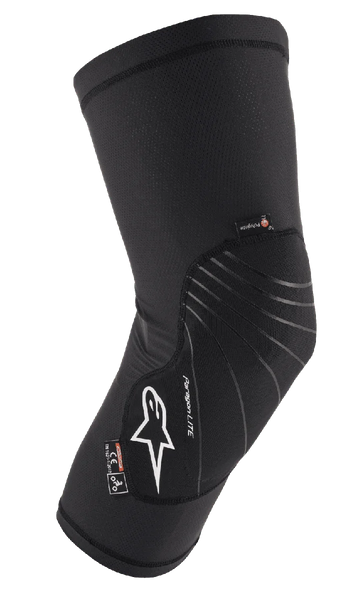 Alpinestars Paragon Lite Knee Protector, Black, lightweight protective gear with textured mesh construction, white logo, gray design lines, slip-on sleeve design, featuring CE Level 1 and Polygiene tags, designed for MTB and off-road cycling