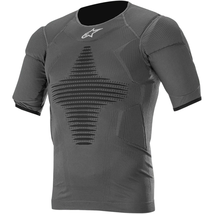 Alpinestars Roost Base Layer Top, Anthracite Black Short-Sleeve Performance Shirt, Textured Ribbed Fabric with Black Geometric Pattern, Fitted Athletic Design for Motocross and Off-Road Riding