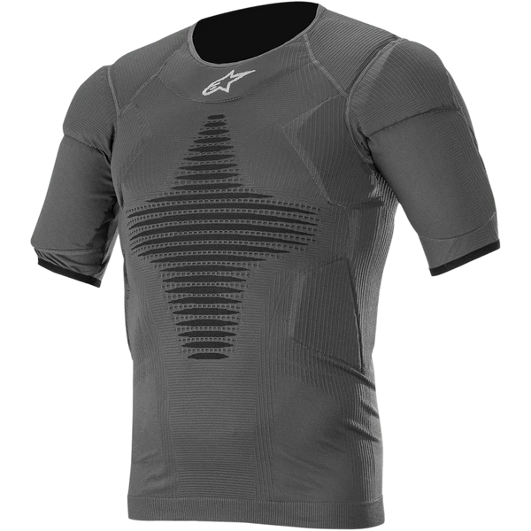 Alpinestars Roost Base Layer Top, Anthracite Black Short-Sleeve Performance Shirt, Textured Ribbed Fabric with Black Geometric Pattern, Fitted Athletic Design for Motocross and Off-Road Riding