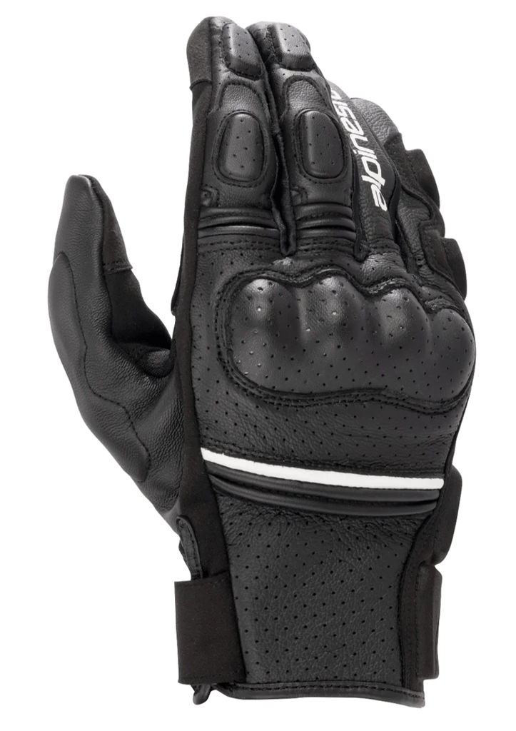 Alpinestars Phenom Leather Air Gloves, short-cuff motorcycle gloves, black with a thin white stripe, featuring perforated goat leather construction, hard knuckle protection, and padded fingers.