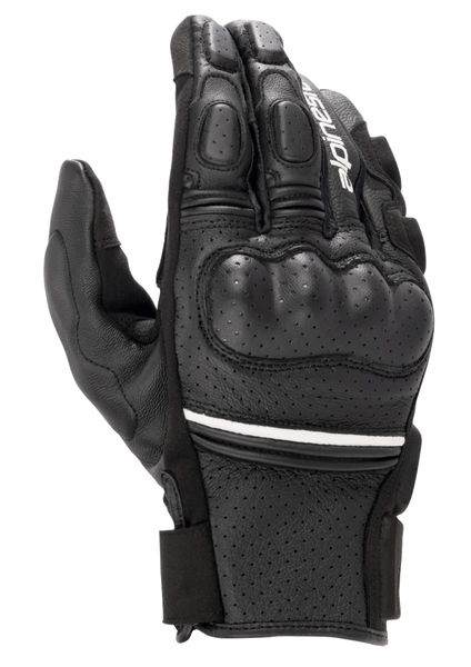 Alpinestars Phenom Leather Air Gloves, short-cuff motorcycle gloves, black with a thin white stripe, featuring perforated goat leather construction, hard knuckle protection, and padded fingers.
