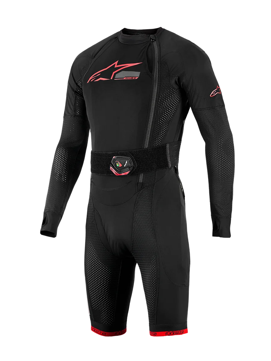 Tech-Air 10 V2 Race Airbag System, black base layer with red logos, LED activation belt, and breathable mesh panels.